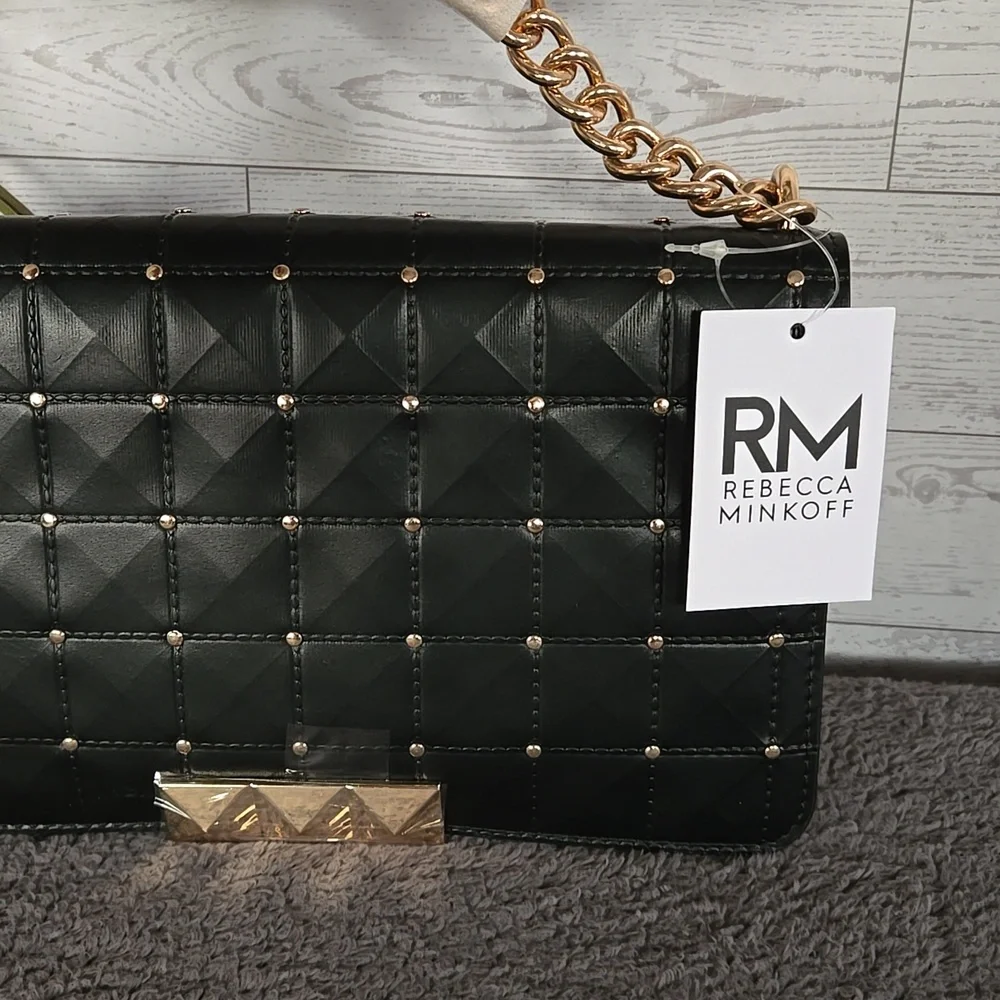 Rebecca Minkoff Black Quilted Shoulder Bag with Gold Studs